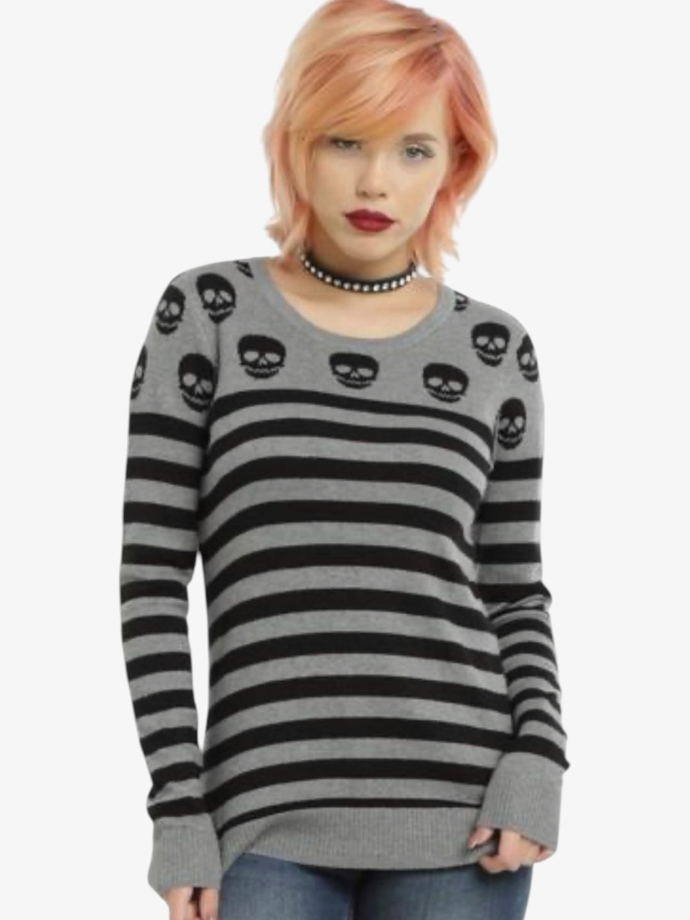 Hot Topic Gray and Black Skulls and Stripes Crewneck sweater S Whimsigoth Retro